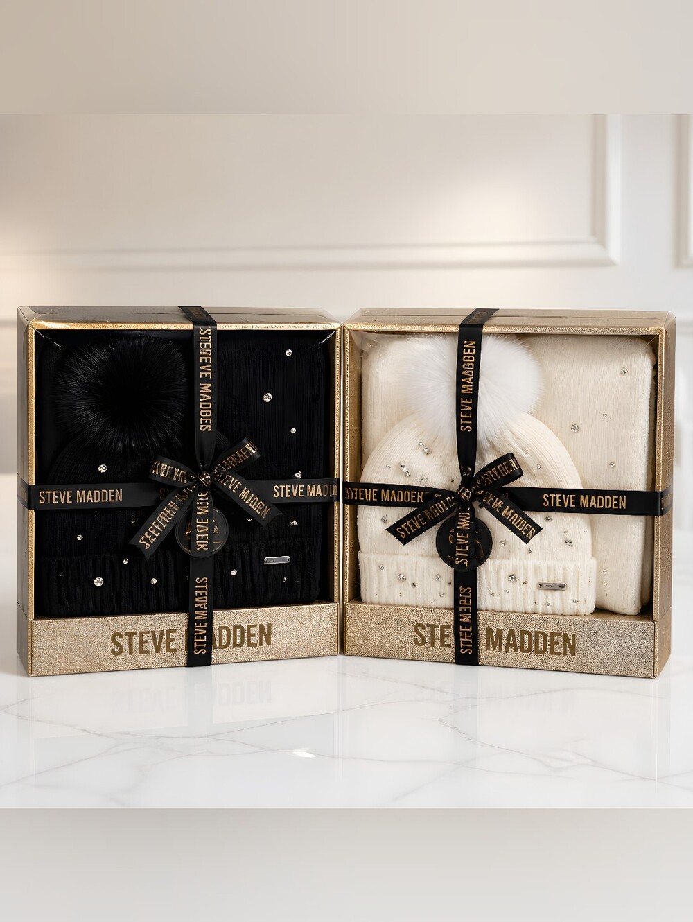 Steve Madden Black and White Knit Beanie Gift Set (Choose 1)